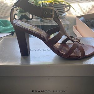 Franco sarto coffee brown sandal heels , size 8 gold buckle